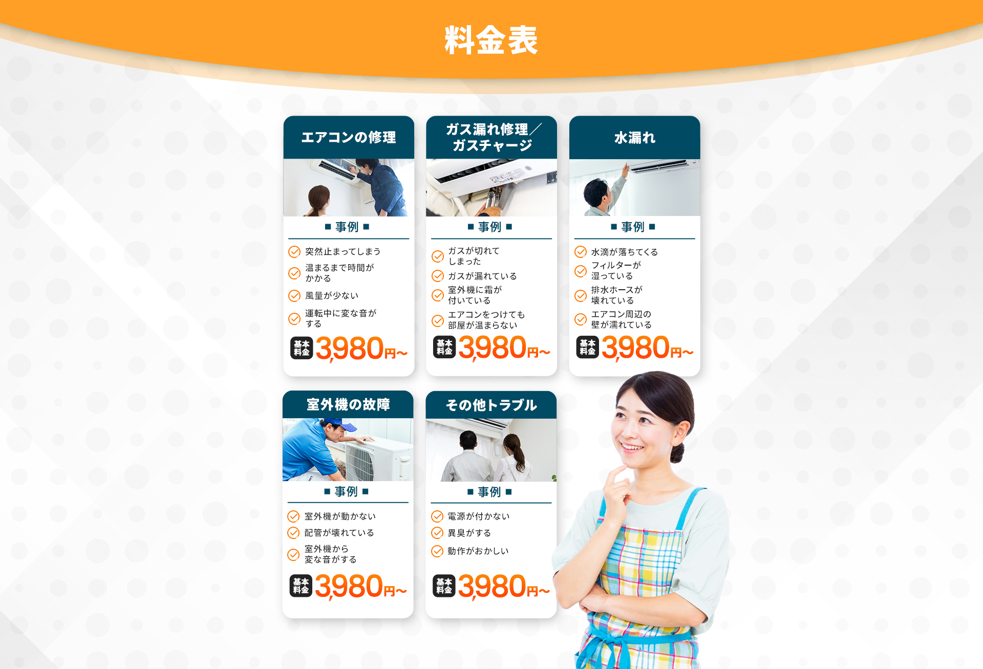 水漏れ3,980円～ 室外機の故障3,980円～ その他トラブル3,980円～