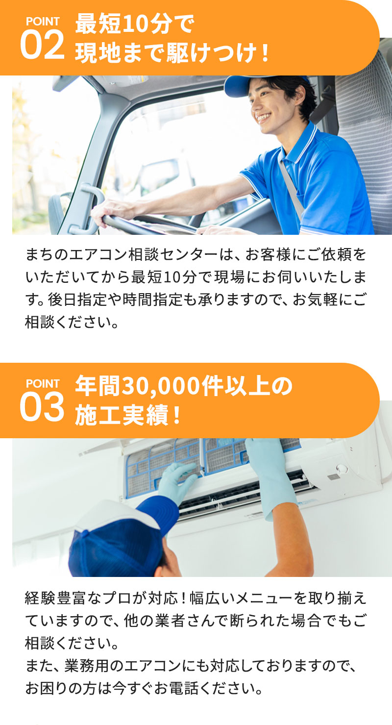 POINT02：最短10分で現地まで駆けつけ！ まちのエアコン相談センターは、お客様にご依頼をいただいてから最短10分で現場にお伺いいたします。後日指定や時間指定も承りますので、お気軽にご相談ください。 POINT03：年間30,000件以上の施工実績！ 経験豊富なプロが対応！幅広いメニューを取り揃えていますので、他の業者さんで断られた場合でもご相談ください。また、業務用のエアコンにも対応しておりますので、お困りの方は今すぐお電話ください。