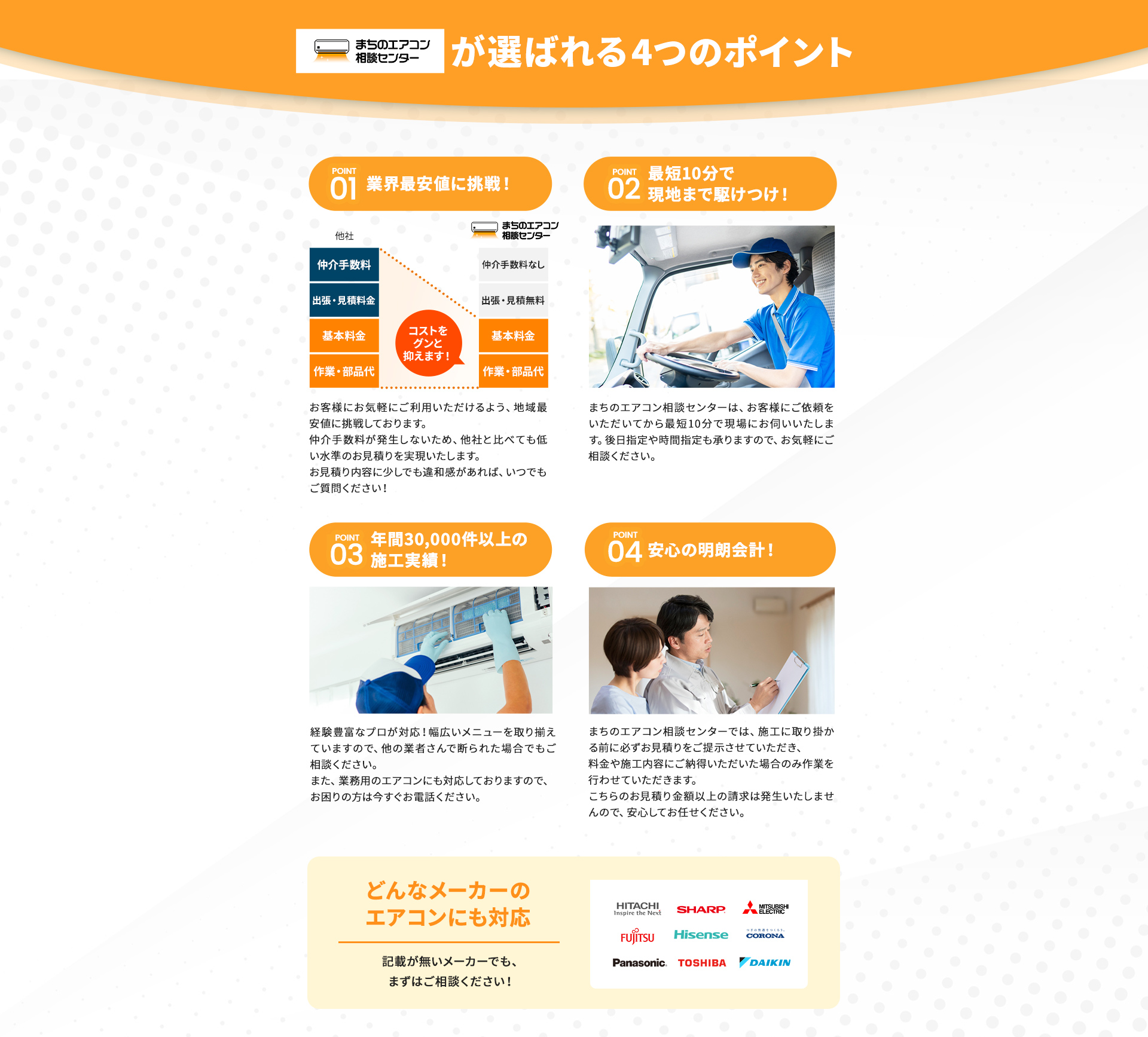 POINT04：安心の明朗会計！ まちのエアコン相談センターでは、施工に取り掛かる前に必ずお見積りをご提示させていただき、料金や施工内容にご納得いただいた場合のみ作業を行わせていただきます。こちらのお見積り金額以上の請求は発生いたしませんので、安心してお任せください。 どんなメーカーのエアコンにも対応 記載が無いメーカーでも、まずはご相談ください！