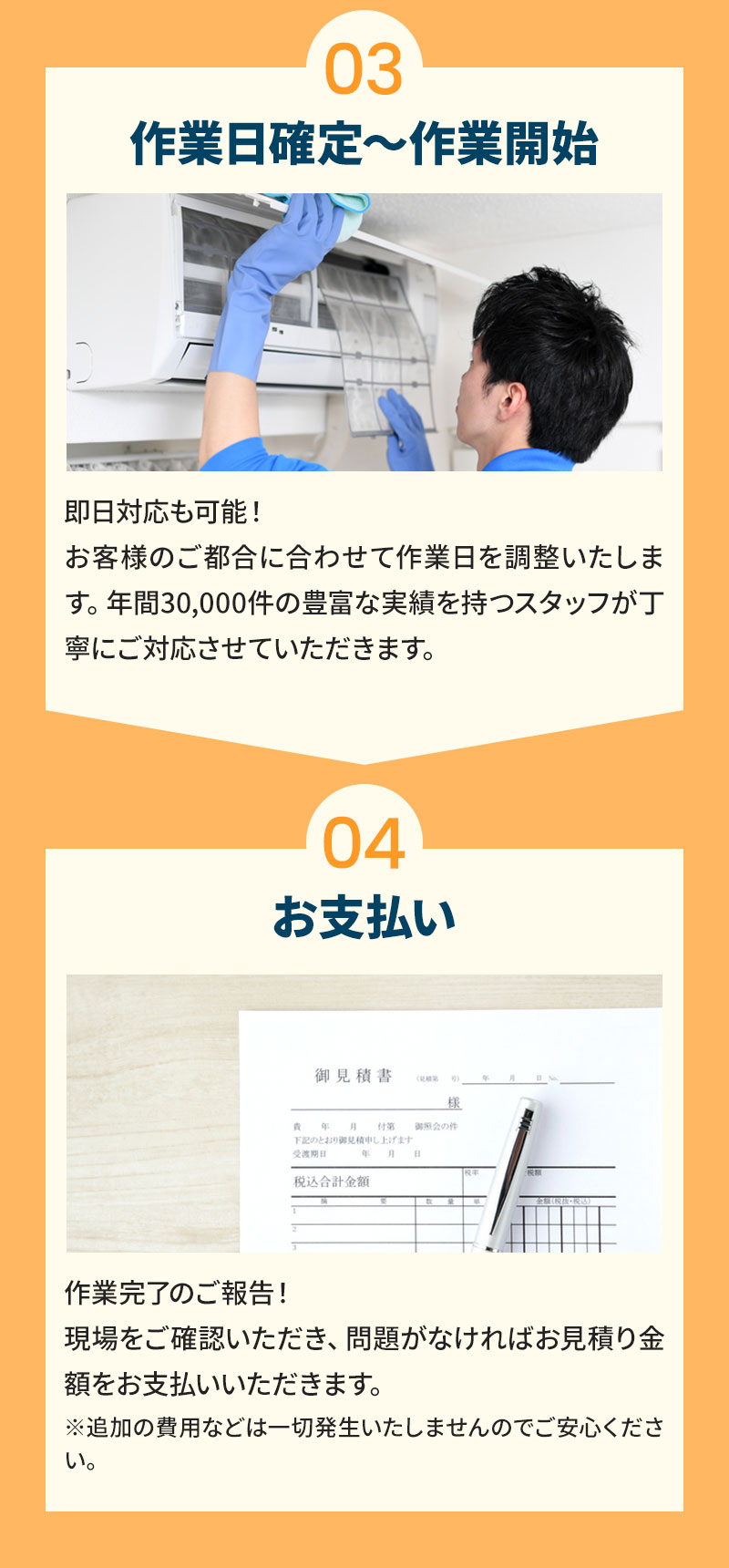 03作業日確定～作業開始 即日対応も可能！お客様のご都合に合わせて作業日を調整いたします。年間30,000件の豊富な実績を持つスタッフが丁寧にご対応させていただきます。 04お支払い 作業完了のご報告！現場をご確認いただき、問題がなければお見積り金額をお支払いいただきます。※追加の費用などは一切発生いたしませんのでご安心ください。