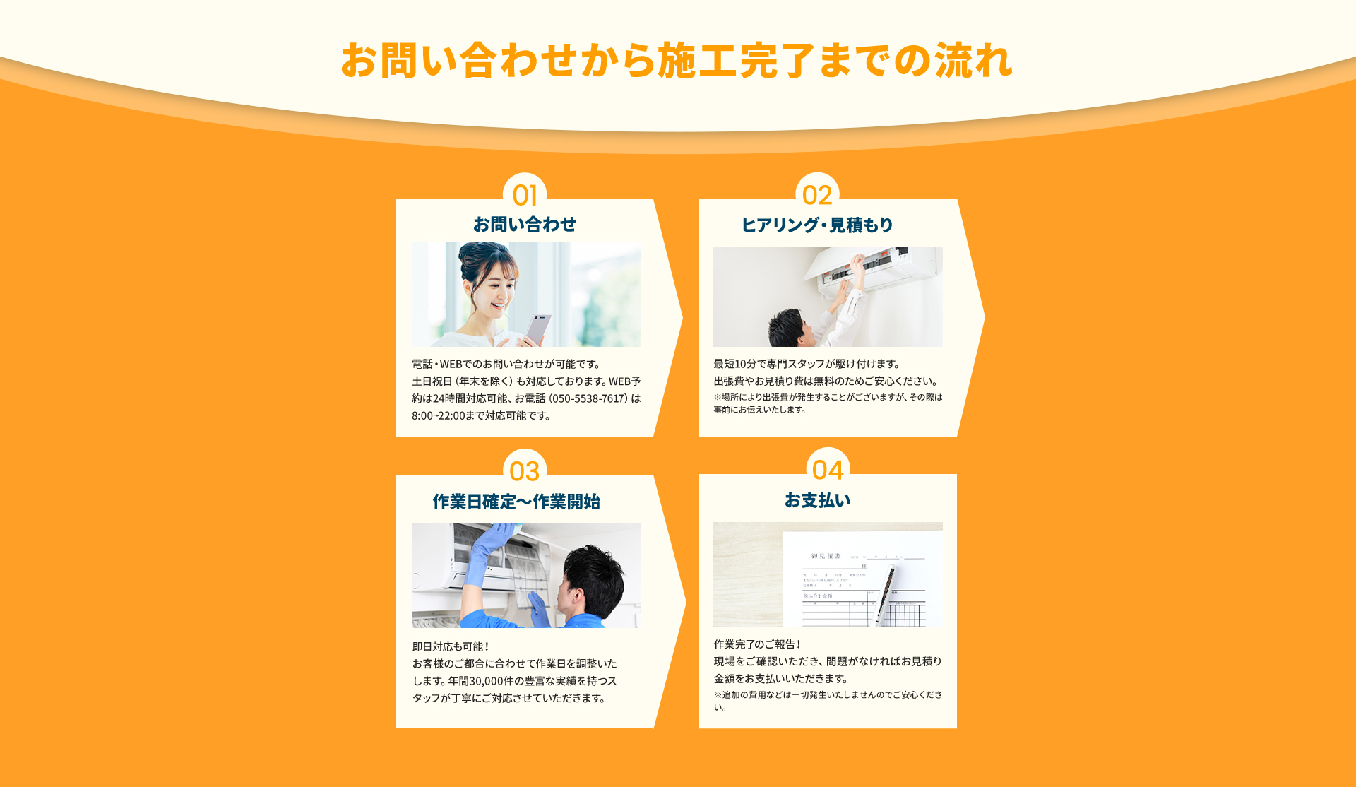 03作業日確定～作業開始 即日対応も可能！お客様のご都合に合わせて作業日を調整いたします。年間30,000件の豊富な実績を持つスタッフが丁寧にご対応させていただきます。 04お支払い 作業完了のご報告！現場をご確認いただき、問題がなければお見積り金額をお支払いいただきます。※追加の費用などは一切発生いたしませんのでご安心ください。